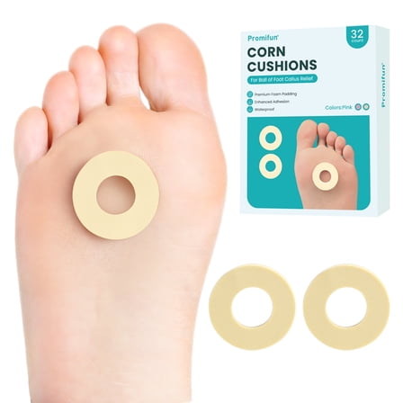 Promifun Callus Cushions for Bottom of Foot - Round Foam Padding with Water-Resistant Self-Stick Adhesive - Corn Cushions for Toes and Feet, Reduce Pain, Pressure, Friction from Shoes (Beige 32 Count