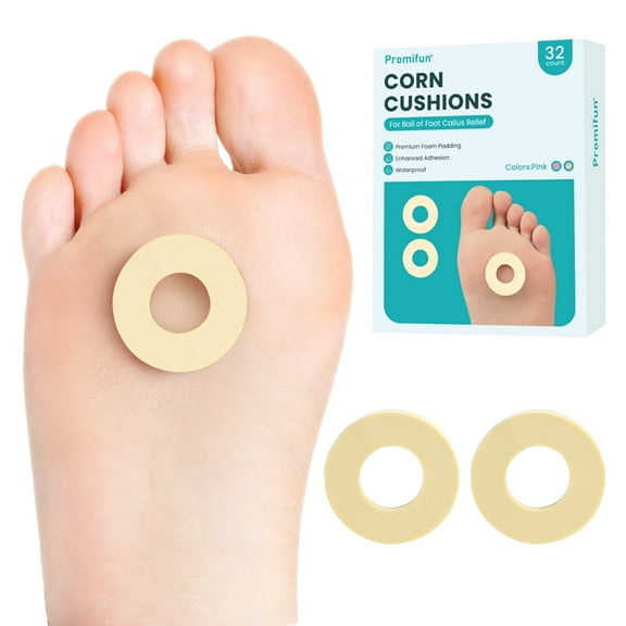 Promifun Callus Cushions for Bottom of Foot - Round Foam Padding with Water-Resistant Self-Stick Adhesive - Corn Cushions for Toes and Feet, Reduce Pain, Pressure, Friction from Shoes (Beige 32 Count