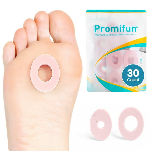 Promifun Corn Cushions Toes Feet Callus Cushions Foam Padding Self-Stick Adhesive Pads Relief Pain Friction Protection 30 Count,Multi-Size