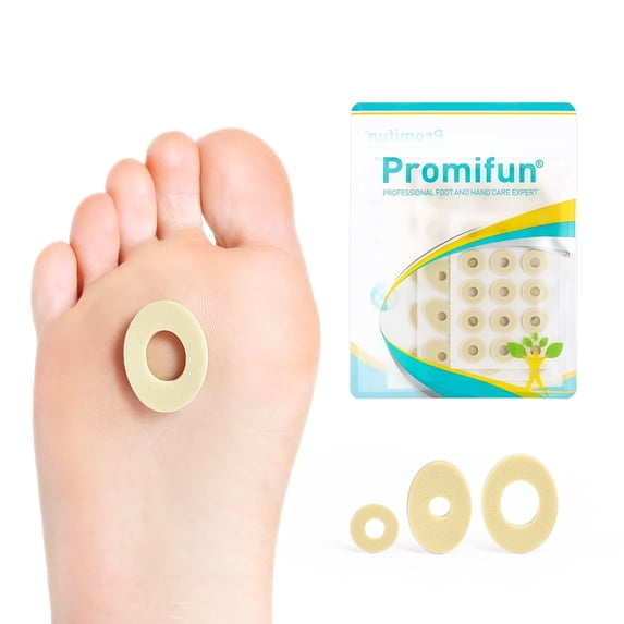 Promifun Corn Cushions for Toes and Feet - Callus Cushions to Protect Sore Spots with Foam Padding - Self-Stick Adhesive Pads - Relief Pain, Pressure and Friction from Shoes (Multi-Size, 90 Count)