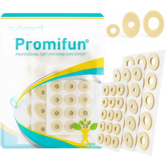 Promifun Corn Cushions Toes Feet Relief Pain Callus Cushions Foam Padding Self-Stick Adhesive Pads Friction Protection 90 Count,Multi-Size,Beige