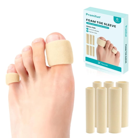 Promifun Cuttable Foam Toe Tubes Sleeves Toe Protectors Corns Calluses Blisters Protectors,6 Count,White