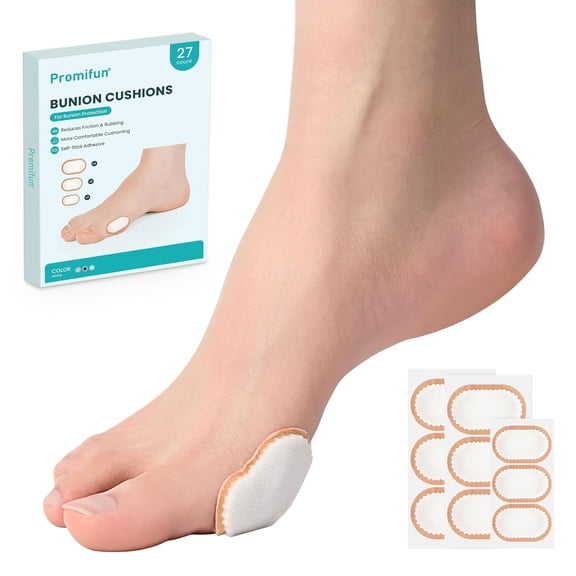 Promifun Foam Bunion Pads to Wear with Shoes - 27 ct Bunion Cushion - Moleskin Protect Feet for Men and Women - Stick Center (Multi-Size)