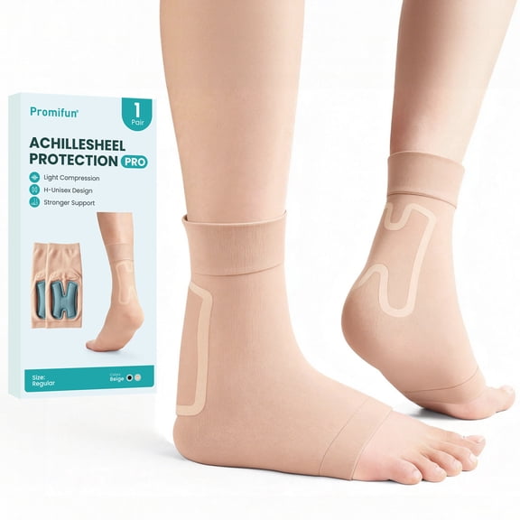 Promifun Gel Achilles Tendon Heel Protector Socks Compression Padded Sleeve Socks Heel Socks Arch Supports,1 Pair,Regular Size,Beige