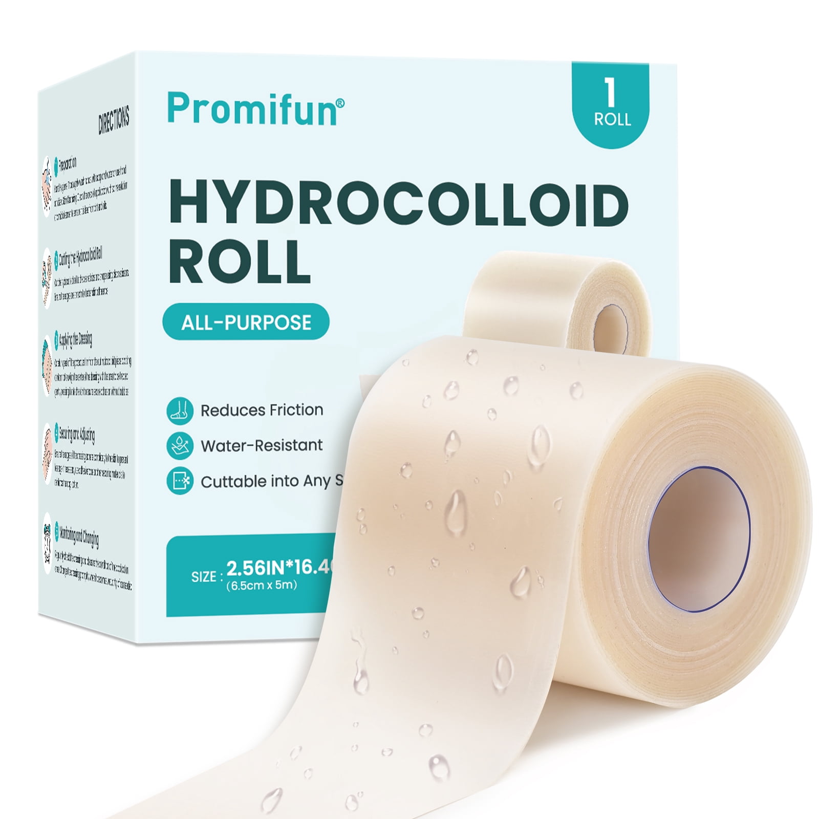 Promifun Hydrocolloid Bandages Roll for Blister Burn Care,Self-Adhesive Heel Cushion Patch Bandage Pads,2.56in x 16.4ft Cut to Fit,1 Count