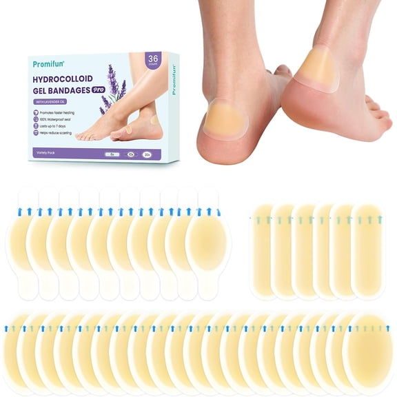 Promifun Hydrocolloid Gel Blister Bandages Pads Adhesive Hydrocolloid Bandages Gel Blister Cushions Faster Healing,36 Count,Variety Pack
