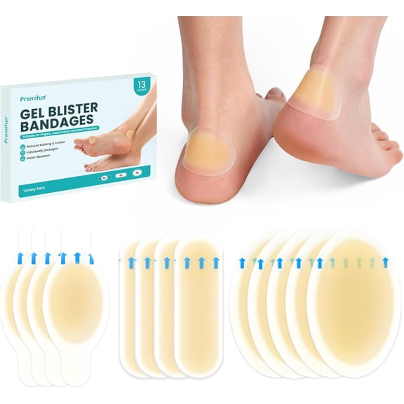 Promifun Hydrocolloid Gel Blister Bandages Pads Prevention Adhesive Blisters Bandages Gel Blister Chshions Recovery Heel Foot 13 Count,Multi-Size,Beige