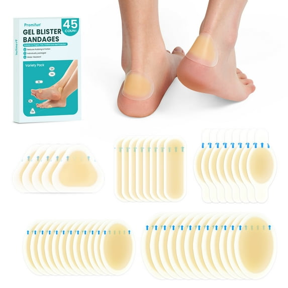 Promifun Hydrocolloid Gel Blister Bandages Pads - Waterproof Adhesive Blisters Bandages - Blister Pads for Heel, Foot, Toe, Feet - Gel Blister Chshions for Prevention & Recovery (45ct, Variety Pack)
