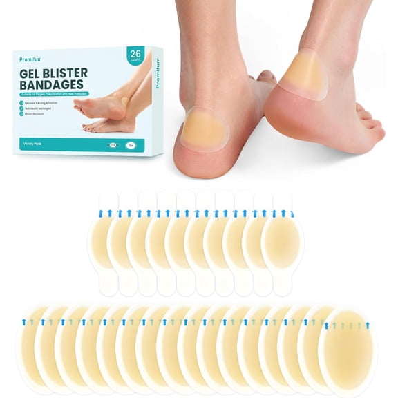 Promifun Hydrocolloid Gel Blister Bandages Prevention Waterproof Adhesive Blisters Bandages Heel Toe,26 Count,Variety Pack