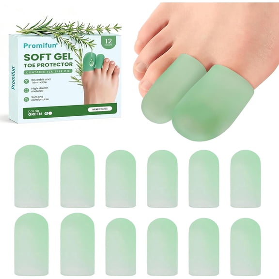 Promifun Silicone Toe Protectors Gel Toe Caps Corns Calluses Relief Tea Tree Oil,12 Pack,Multi-Size,Green