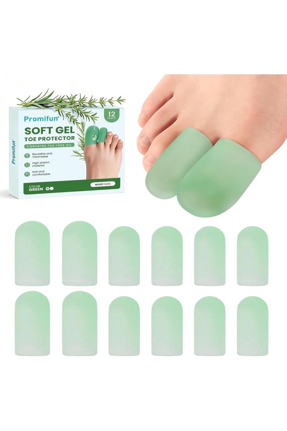 Silicone Toe Protectors Gel Toe Caps Corns Calluses Relief Tea Tree Oil,12 Pack,Multi-Size,Green