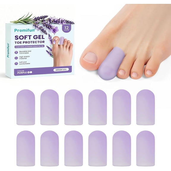 Promifun Silicone Toe Protectors Soft Gel Toe Protectors Caps Ingrown Toe Sleeves Toenails Blisters Pain Relief,12 Pcs,Size M,Purple