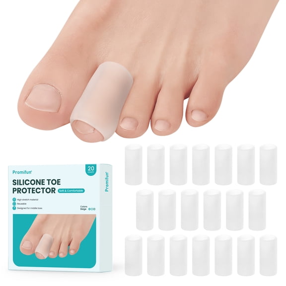 Promifun Silicone Toe Protectors Soft Gel Toe Tube Pads Silicone Toe Sleeve Hammer Toes Blisters Pain Relief,20 Pack,Clear