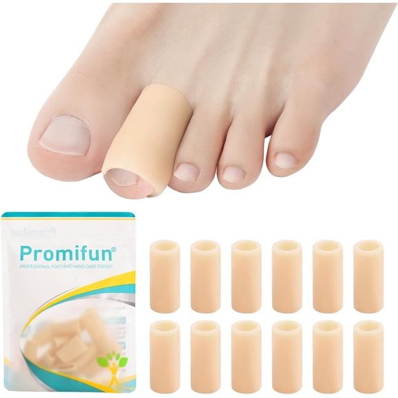 Promifun Silicone Toe Protectors Toe Sleeve for Hammer Toes Blisters Pain Relief Soft Gel Toe Tube Pads 12 Pack,Beige