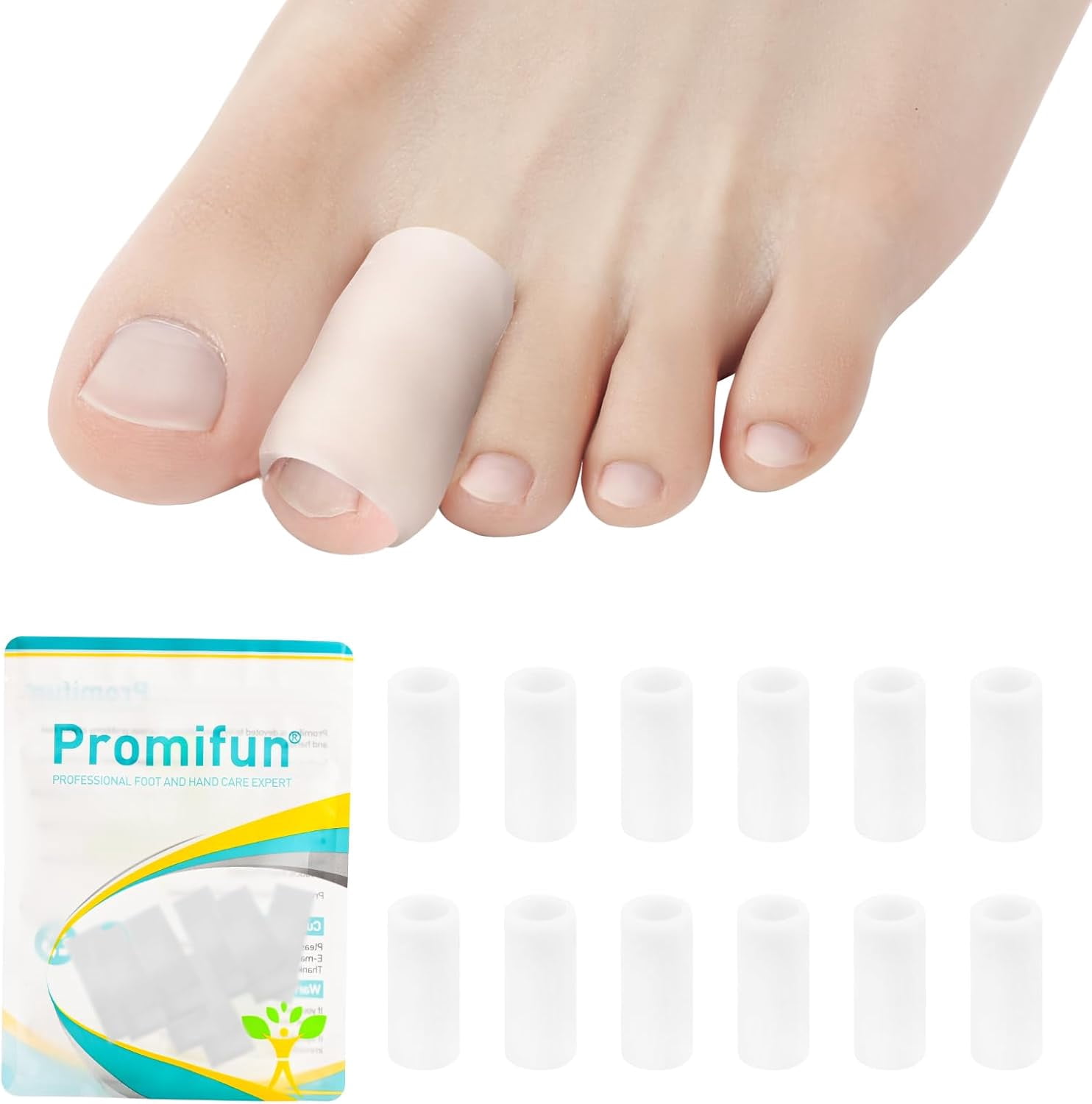 Promifun Silicone Toe Protectors Toe Sleeve for Hammer Toes Blisters Pain Relief Soft Gel Toe Tube Pads 12 Pack,White