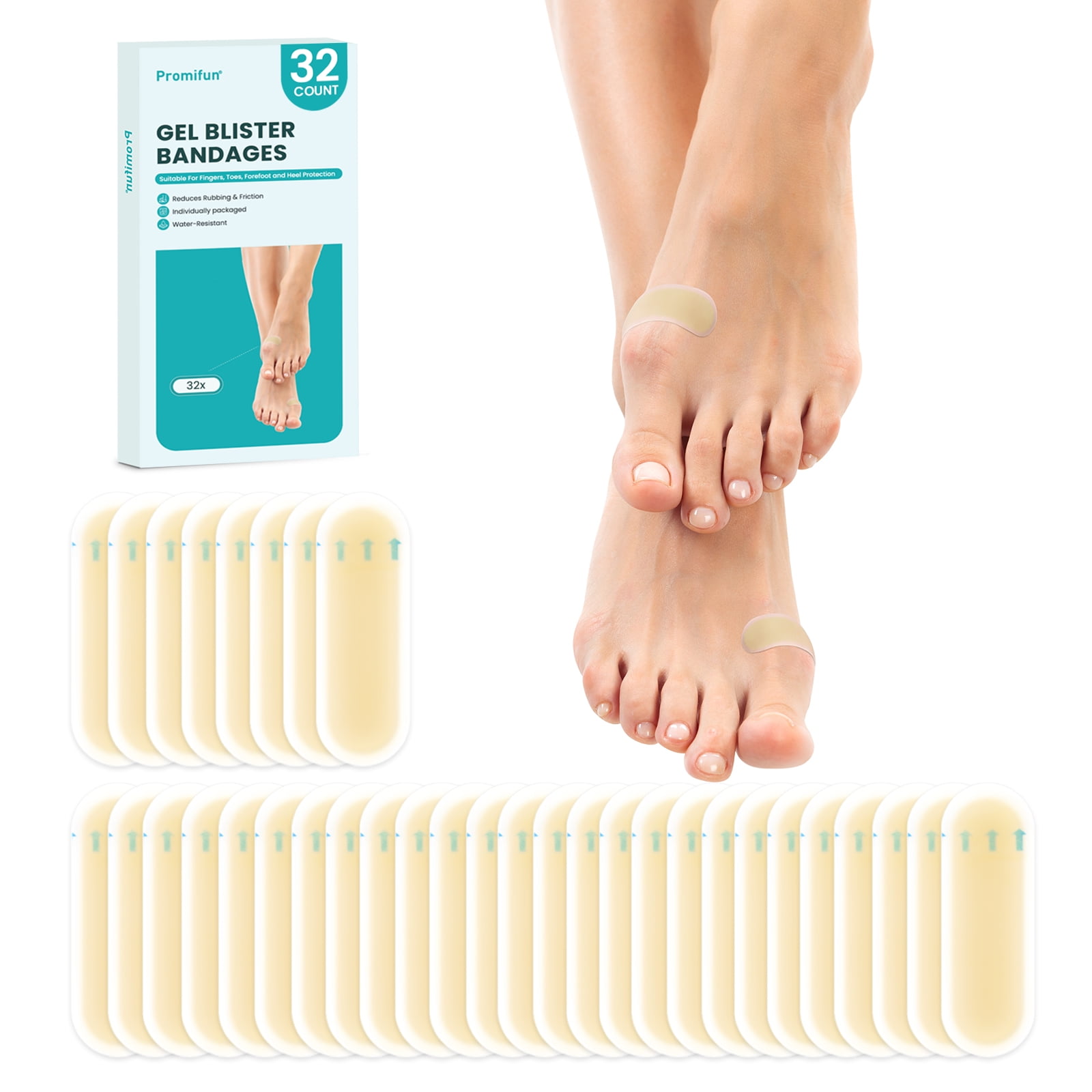 Promifun Blister Bandages Pads - 50 Ct Blister Cushions - Water Resistant Hydrocolloid Bandage For Foot, Toe, Heel - Gel Blister Bandages For Prevention & Recovery, Heel Pack