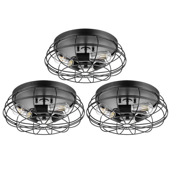 Prominence Home 3 Pack Lincoln Woods 15" Flush Ceiling Mount Light with Cage, Black