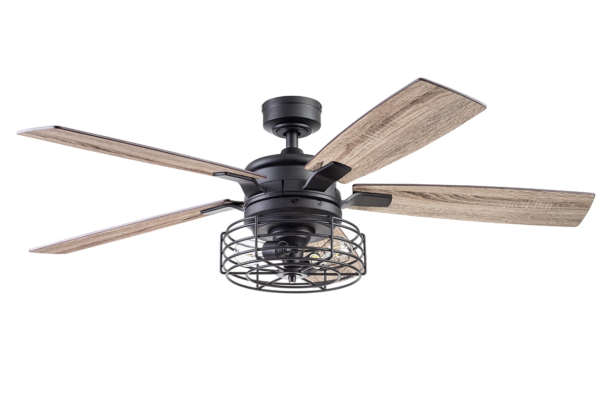 Prominence Home Cypher 52" Black Industrial Ceiling Fan with 5 Blades, Cage Light Kit, Pull Chains & Reverse Airflow