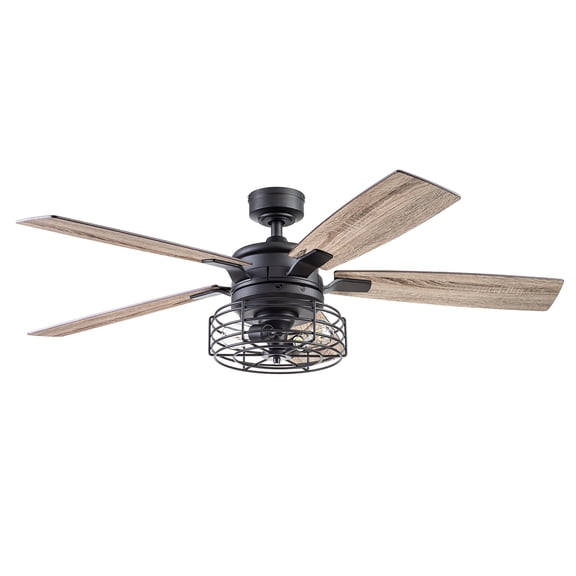 Prominence Home Cypher 52" Black Industrial Ceiling Fan with 5 Blades, Cage Light Kit, Pull Chains & Reverse Airflow