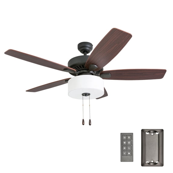 Prominence Home Greybrook 52" Bronze Ceiling Fan with 5 Blades, Linen Drum Shade, Remote & Reverse Airflow