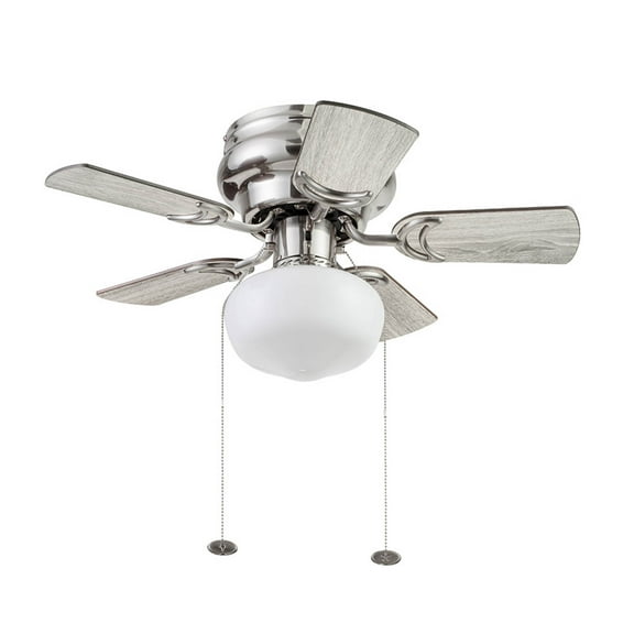 Prominence Home Hero 28" Brushed Nickel Flushmount Small Room Ceiling Fan with 5 Blades, Globe Light Kit & Pull Chains