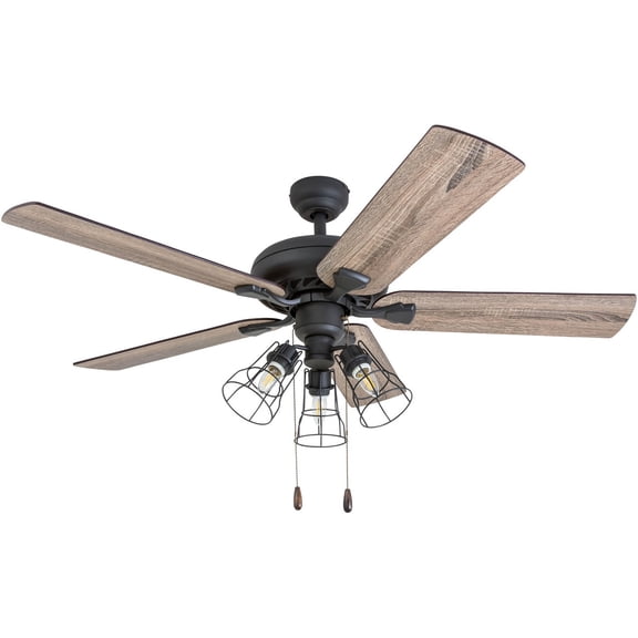 Prominence Home Lincoln Woods 52" Bronze Industrial Ceiling Fan with 5 Blades, 3 Arm Cage Light Kit, Pull Chains & Reverse Airflow