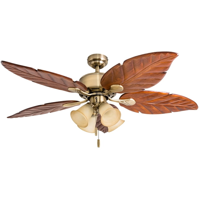 Prominence Home Royal Palm 52" Aged Brass Tropical Ceiling Fan with 5 Hand Carved Wood Blades, 4 Arm Light Kit, Remote & Reverse Airflow
