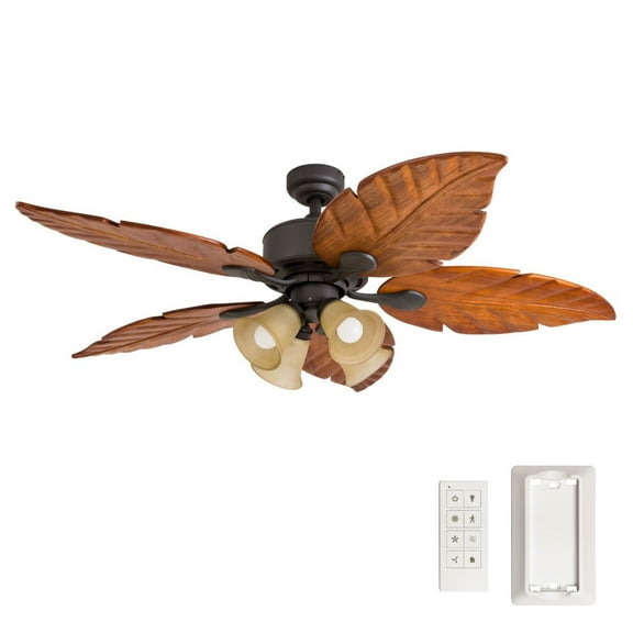 Prominence Home Royal Palm 52" Bronze Tropical Ceiling Fan with 5 Hand Carved Wood Blades, 4 Arm Light Kit, Remote & Reverse Airflow
