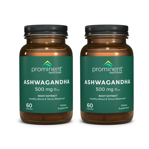 Prominent Nutrition Ashwagandha Supplement - Clinically Researched Shagandha Root Extract for Healthy Mood & Stress Support, Standardized to 2.5% Withanolides, 500 mg, 60 Vegan Capsules - 2 Pack