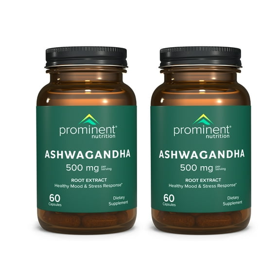 Prominent Nutrition Ashwagandha Supplement - Clinically Researched Shagandha Root Extract for Healthy Mood & Stress Support, Standardized to 2.5% Withanolides, 500 mg, 60 Vegan Capsules - 2 Pack