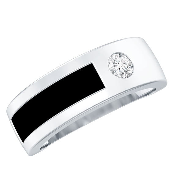 Rosec Jewels Promise Band Ring with Certified Moissanite and Black Enamel - 0.25 CT, 14K White Gold, US 9.50
