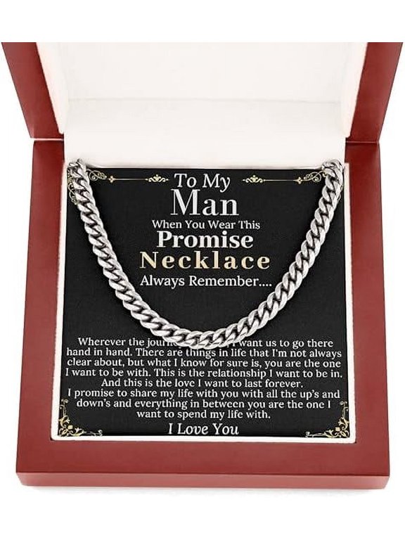 Promise Necklace Gift For Boyfriend/Husband, Christmas Gift For Him From Girlfriend/Wife Promise Necklace To My Man Present Chain Necklace with Message Card Stainless Steel with Mahogany Luxury Box
