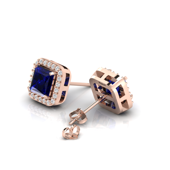 Promise Proposal Earrings || Blue Sapphire Rose Gold Plated Halo Stud Earrings ||Silver Diary