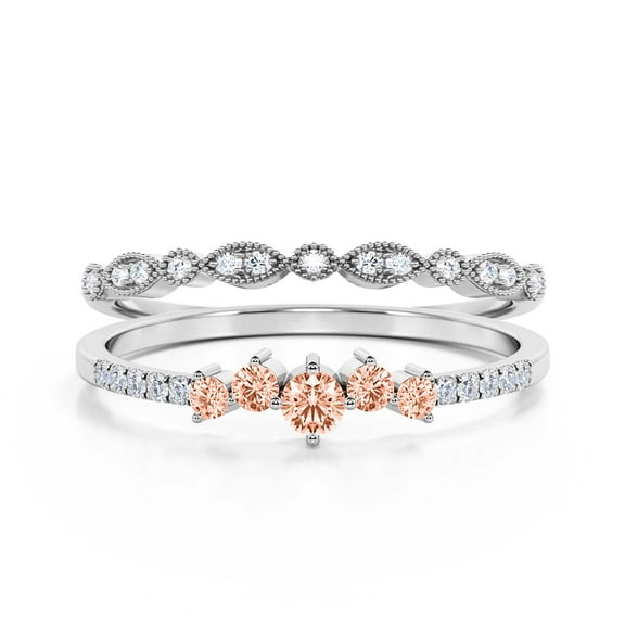 Promise Ring 1.10 Carat Round Cut Morganite And Diamond Moissanite Engagement Ring Wedding Band Ring in 925 Sterling Silver With 18k White Gold Plating, Dainty Ring, Bridal Set, Matching Band