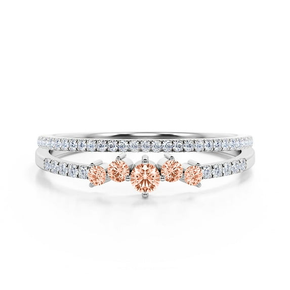 Promise Ring 1.10 Carat Round Cut Morganite And Diamond Moissanite Engagement Ring Wedding Band Ring In 925 Sterling Silver With 18K White Gold Plating, Dainty Ring, Bridal Set, Matching Band