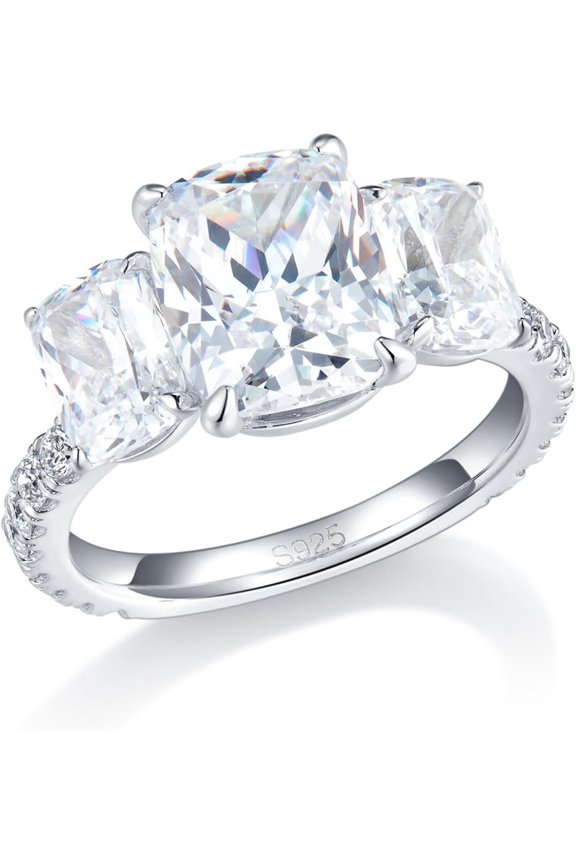 Promise Rings for Her /Cushion/ Cut 5ct 3-stone Cubic Zirconia  Plated 925