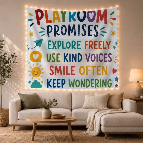 Promise Rules with Rainbow Text, Uplifting Illustration for Teachers, Positive Learning Wall Art, Back to School Gift, Tapestry Wall Hanging for Classroom and Playroom