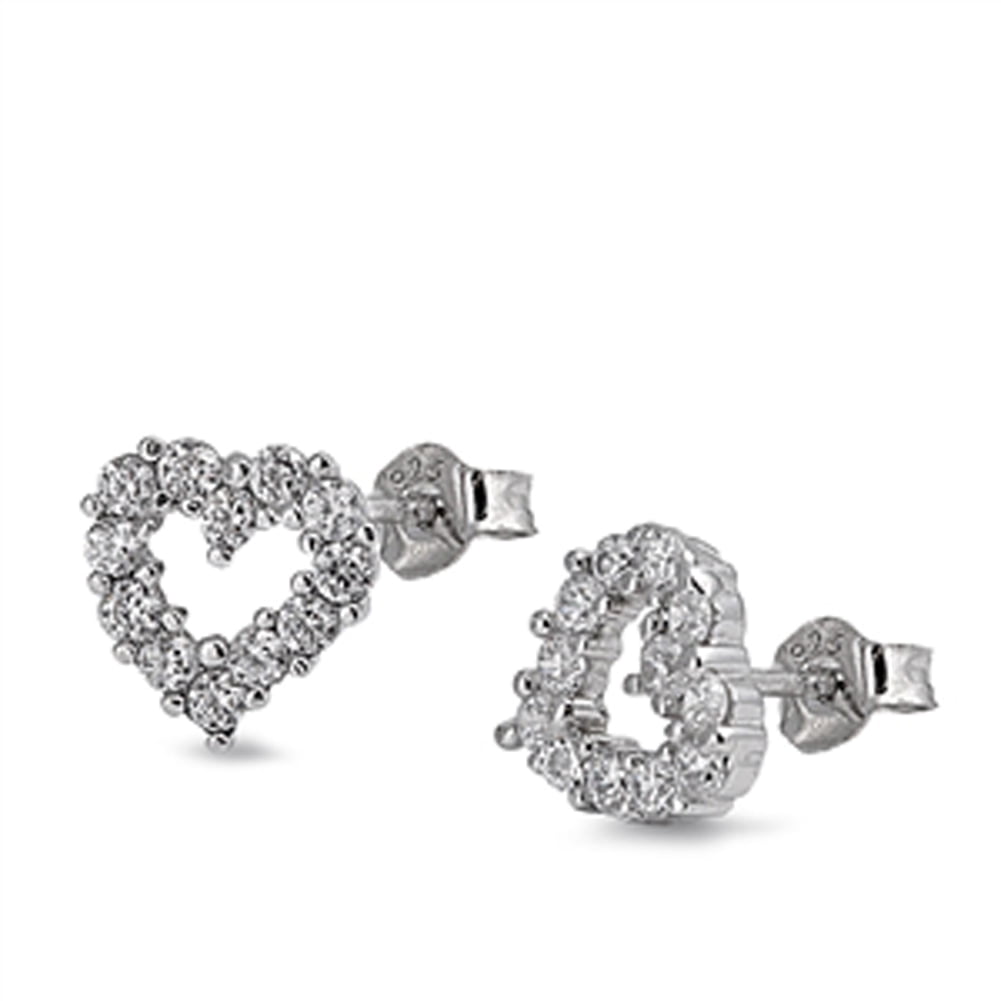 Promise Studded Open Heart Love Clear Cubic Zirconia .925 Sterling Silver Earrings Jewelry Female