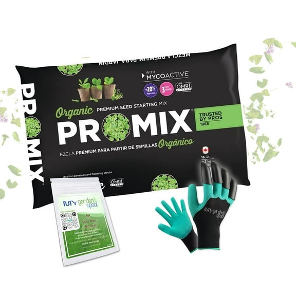 Promix Premier Horticulture Organic Pro Seed Starting Mix; 16 qt with My Garden Pool PH Soil Test Strips 20 ct, and Gardening Claw Gloves and Garden-IQ, Smart Gardening AI Assistant!