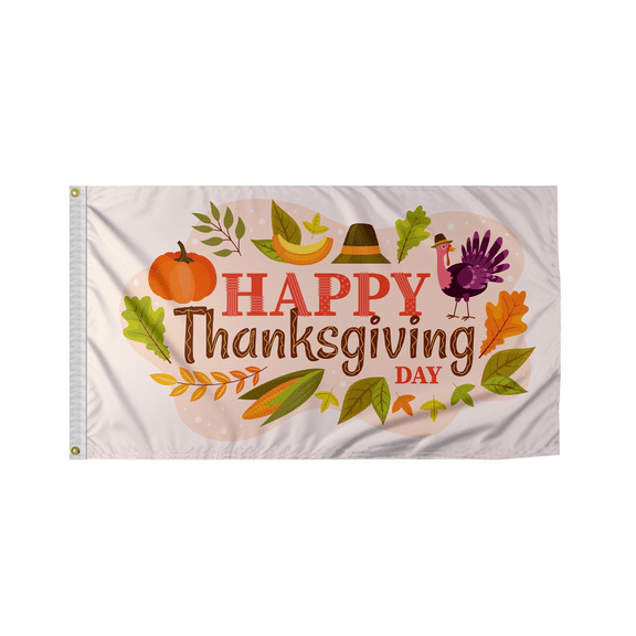 Promo Patriot Happy Thanksgiving Flag -Pumpkin, Hat, Turkey, Corn on white, 6x10ft - Outdoor/Indoor Flag
