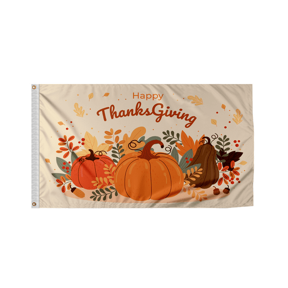 Promo Patriot Happy Thanksgiving Flag - Pumpkin on Off White, 6x10ft - Outdoor/Indoor Flag
