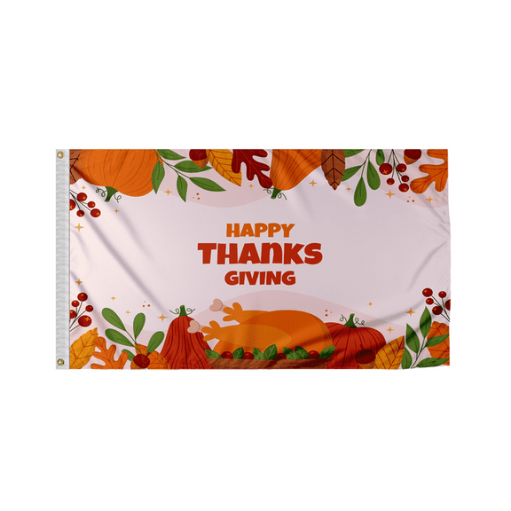 Promo Patriot Happy Thanksgiving Flag-Turkey, Pumpkin on White, 3x5ft - Outdoor/Indoor Flag