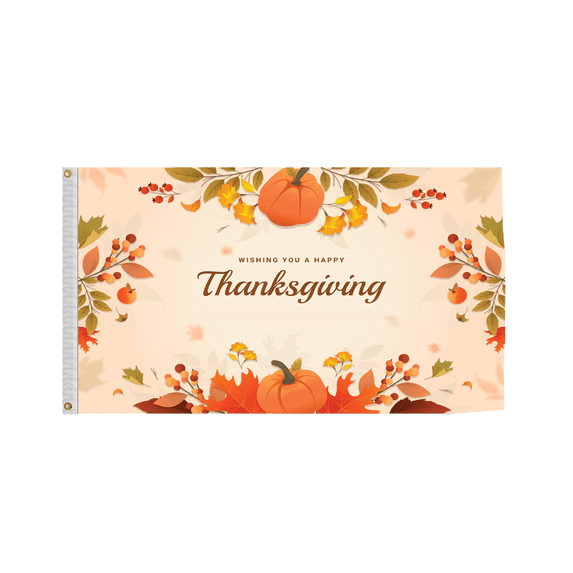 Promo Patriot Wishing You a Happy Thanksgiving Flag -Pumpkin and Leaves on Cream, 12x18in - Outdoor/Indoor Flag