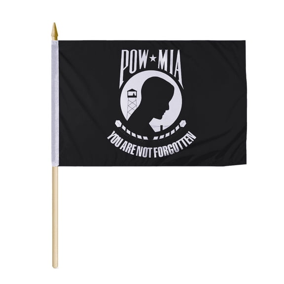 Promo Patriot's US POW MIA Black 12x18 inch Stick Flag, Durable Polyester with Spear Tip Display Pole, Double-Stitched Edges for Outdoor/Indoor Use
