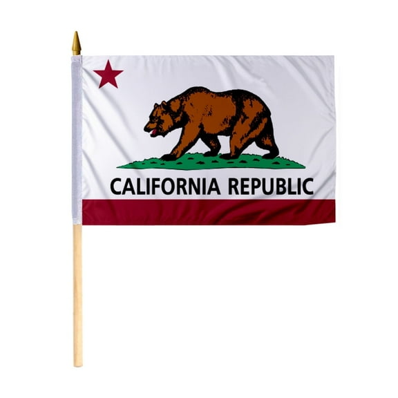 Promopatriot California State CA Mini Flag on Stick 12x18 inch Polyester, 24" Wooden Pole, Handheld