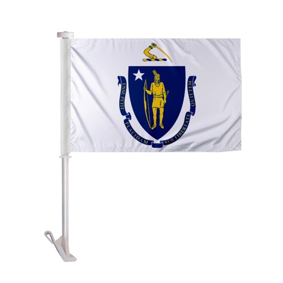 Promopatriot Massachusetts State MA Car Flag 10.5x15 inch Double Side Knitted Polyester with 19 inch Stiff Pole