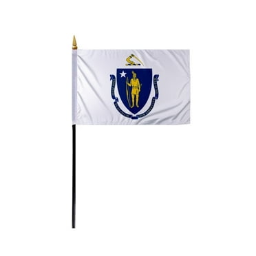 Promo Patriot's Massachusetts State Stick Flag 4x6 Inch - with 11-inch Plastic Pole, Single Ply Polyester, Reverse Print - Handheld State of Massachusetts MA Flag