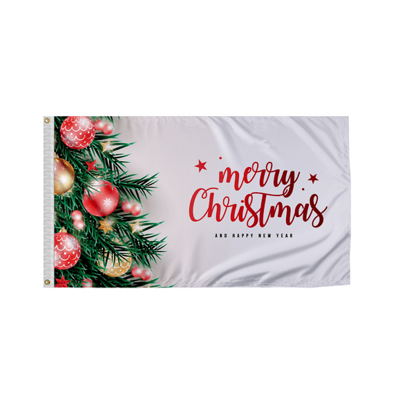 Promo Patriot's "Merry Christmas and Happy New Year on white with balls and pine leaves" Christmas Indoor/Outdoor 6x10 ft Nylon Flags