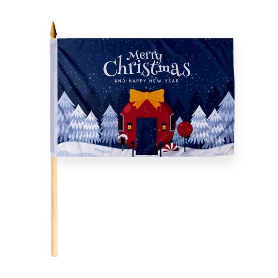 Promo Patriot's "Merry Christmas and Happy New Year with Beautiful Christmas Landscape on Blue" Christmas Flags 12x18 Inch Stick Flag