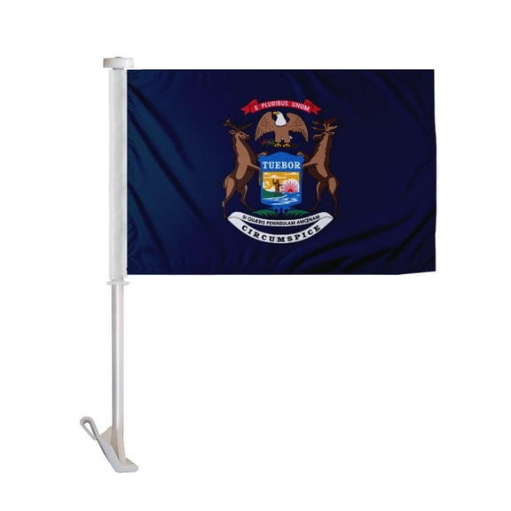 Promo Patriot's Michigan State Car Flag 10.5x15 Inch - with 19" Plastic Stiff Pole, Double Side Printed Knitted Polyester - Car Window - State of Michigan MI Flag